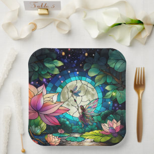 Stained Glass Little Fairy With Dragonfly Paper Plate