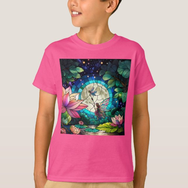 Stained Glass Little Fairy With Dragonfly T-Shirt (Front)