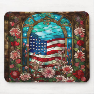STAINED GLASS LOOK AMERICAN FLAG AND FLOWERS MOUSE PAD