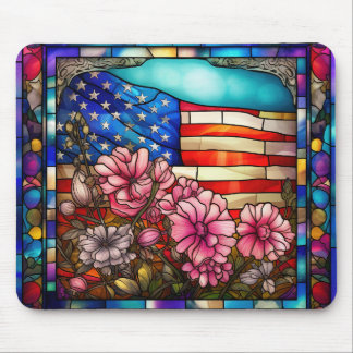 STAINED GLASS LOOK AMERICAN FLAG AND FLOWERS MOUSE PAD