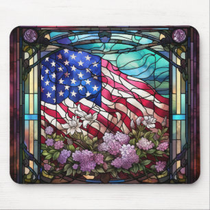 STAINED GLASS LOOK AMERICAN FLAG AND FLOWERS MOUSE PAD