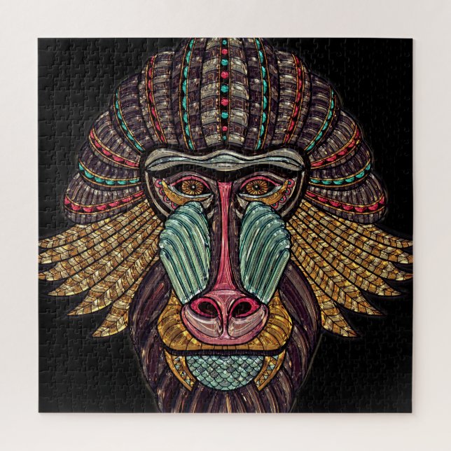 Stained glass look baboon animal african art jigsaw puzzle (Vertical)