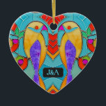 Stained Glass Look Birds with Pair of Initials Ceramic Tree Decoration<br><div class="desc">This tropical blue design features a pair of brightly coloured exotic birds in a romantic motif, with personalised initials of a couple in the central plaque. Once you have added his and hers monograms (or his/his or hers/hers as appropriate), you can enter a custom message for the reverse side, with...</div>