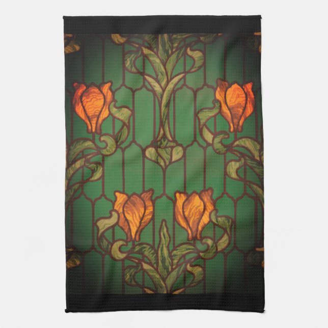 Stained glass look floral art nouveau flowers  tea towel (Vertical)