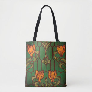 Stained glass look floral art nouveau flowers tote bag