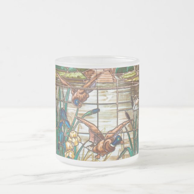 Stained glass look mallard duck and cattails frosted glass coffee mug (Center)