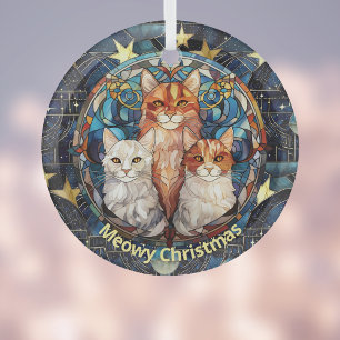 Stained Glass Look Meowy Christmas Cats on Blue Tree Decoration