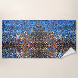 Stained Glass look mosaic abstract blue brown Beach Towel