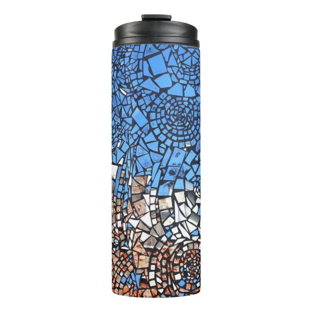 Stained Glass look mosaic abstract blue brown Thermal Tumbler (Front)