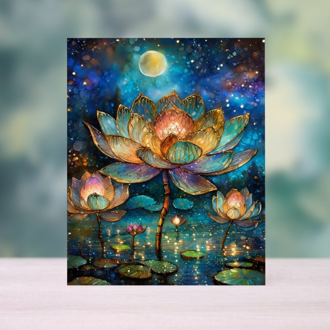 Stained Glass Lotus Blossoms in the Moonlight Acrylic Sign (Neutral)