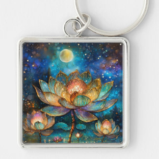 Stained Glass Lotus Blossoms in the Moonlight Key Ring