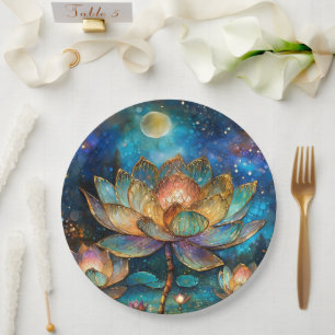 Stained Glass Lotus Blossoms in the Moonlight Paper Plate