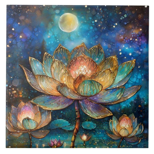 Stained Glass Lotus Blossoms in the Moonlight Tile (Front)