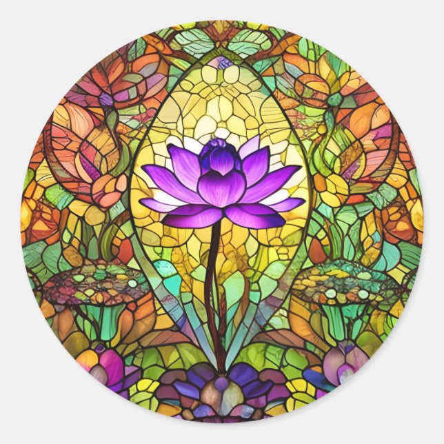 Stained Glass Lotus Flower Classic Round Sticker (Front)