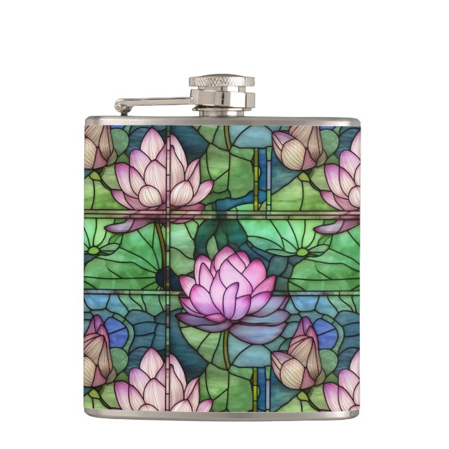 Stained Glass Lotus Vinyl Wrapped Flask (Front)