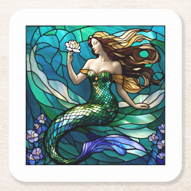 Stained glass mermaid admiring a flower square paper coaster (Front)