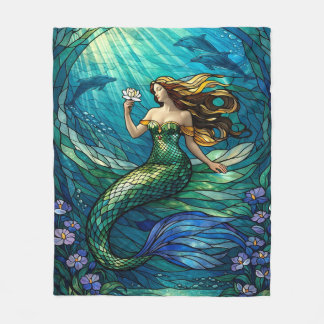 Stained Glass Mermaid Art Fleece Blanket