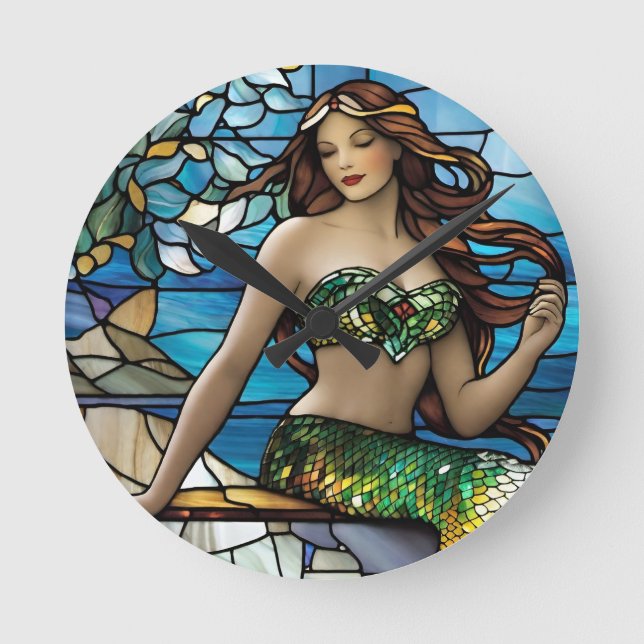 Stained glass mermaid  round clock (Front)