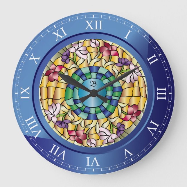 Stained Glass Monogram Colourful Jewel Flowers Large Clock (Front)