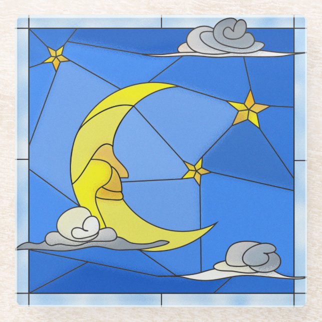 Stained Glass Moon, Stars, and Clouds Coaster (Front)