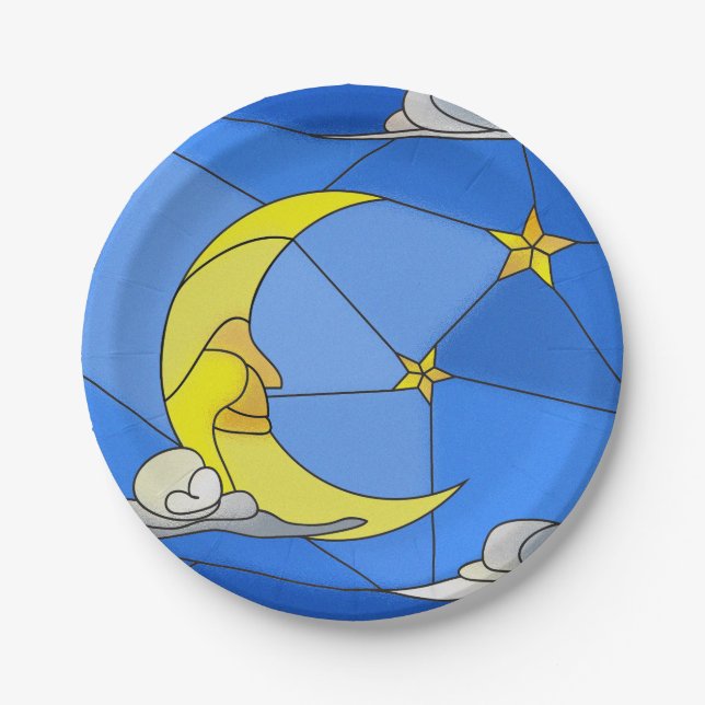 Stained Glass Moon, Stars, and Clouds Paper Plates (Front)
