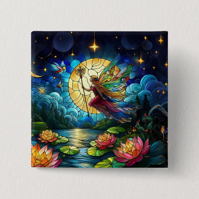 Stained Glass Moonlight Flight Fairy  15 Cm Square Badge (Front)