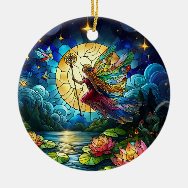 Stained Glass Moonlight Flight Fairy  Ceramic Tree Decoration (Front)