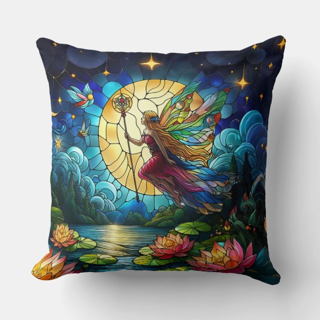 Stained Glass Moonlight Flight Fairy  Cushion (Front)