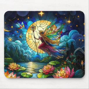 Stained Glass Moonlight Flight Fairy Mouse Pad