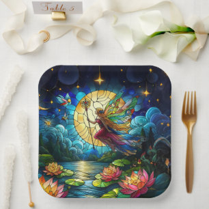 Stained Glass Moonlight Flight Fairy  Paper Plate