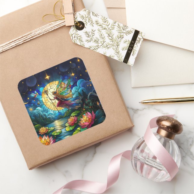 Stained Glass Moonlight Flight Fairy  Square Sticker (Gifting)