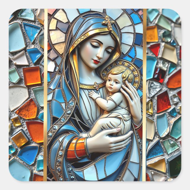 Stained Glass Mosaic | Mary and Jesus Christmas Square Sticker (Front)