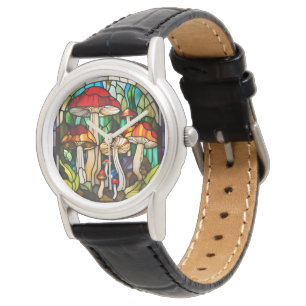 Stained Glass Mushroom Art Watch