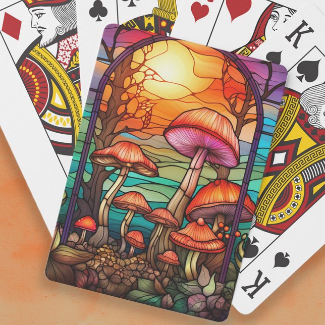 Stained Glass Mushrooms Toadstools Sunrise Playing Cards (Stained glass mushrooms playing cards)