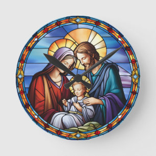 Stained Glass Nativity Christmas Round Clock