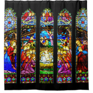 Stained Glass Nativity Scene Christmas Shower Curtain