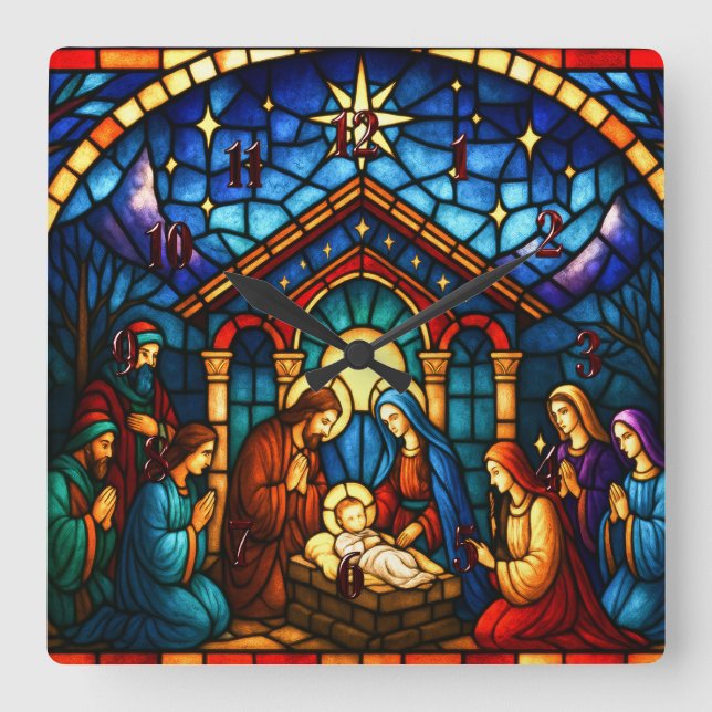 Stained Glass Nativity Scene Square Wall Clock (Front)