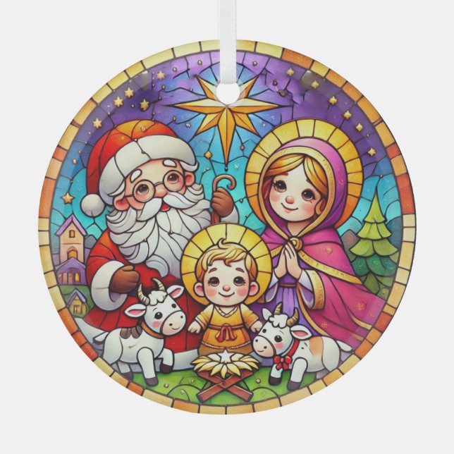 Stained Glass Nativity Scene with Santa Claus Glass Tree Decoration (Front)