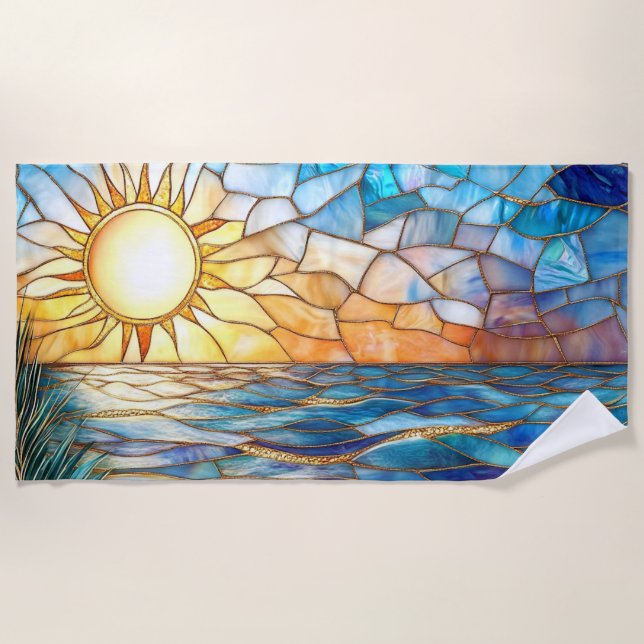 Stained Glass Ocean Sunset Beach Towel (Front)