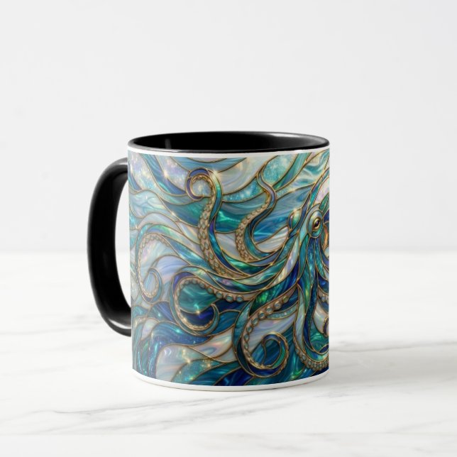 Stained Glass Octopus Mug, Octopus Coffee Mug (Front Left)