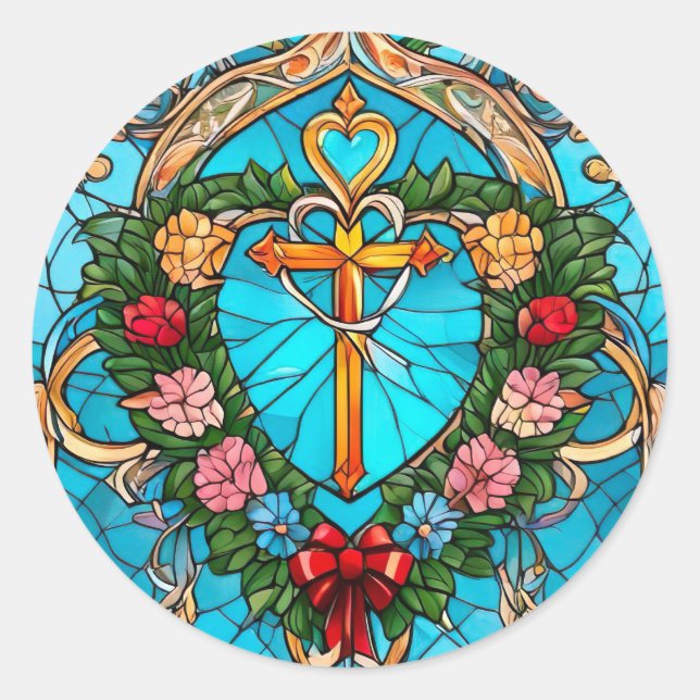 Stained Glass of Christian Cross Classic Round Sticker (Front)