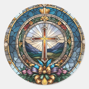 Stained Glass of Christian Holy Cross Classic Round Sticker