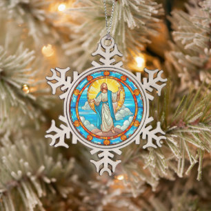 Stained Glass of Jesus Ascending to heaven Snowflake Pewter Christmas Ornament