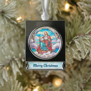 Stained Glass of Jesus siiting on the throne Silver Plated Banner Ornament