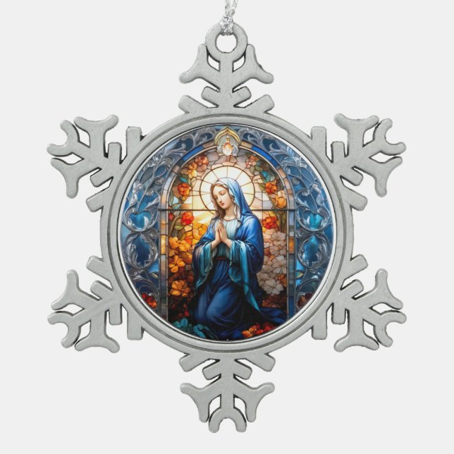 Stained Glass of Virgin Mary Christian Catholic Snowflake Pewter Christmas Ornament (Front)