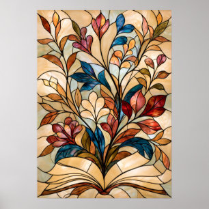 Stained Glass Open Book Floral Art for Book Lovers Poster