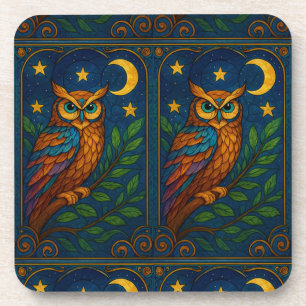 Stained Glass Owl Under the Moon and Stars Coaster