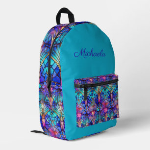 Stained Glass Pattern on Turquoise - Personalised Printed Backpack