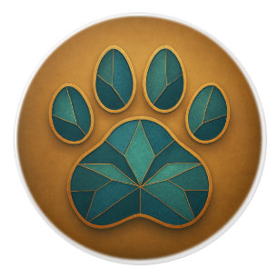 Stained Glass Paw Teal & Gold Mosaic Ceramic Knob