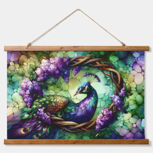 Stained Glass Peacock Floral Wreath Art Hanging Tapestry